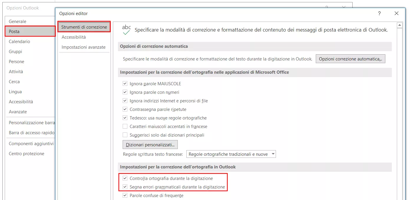 Outlook: Menu delle impostazioni dell’editor