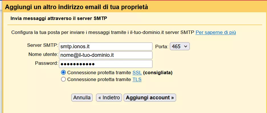 Definizione del server SMTP su Gmail