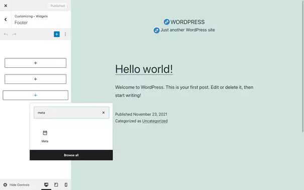 Selezionare il meta widget nella pagina di personalizzazione di WordPress