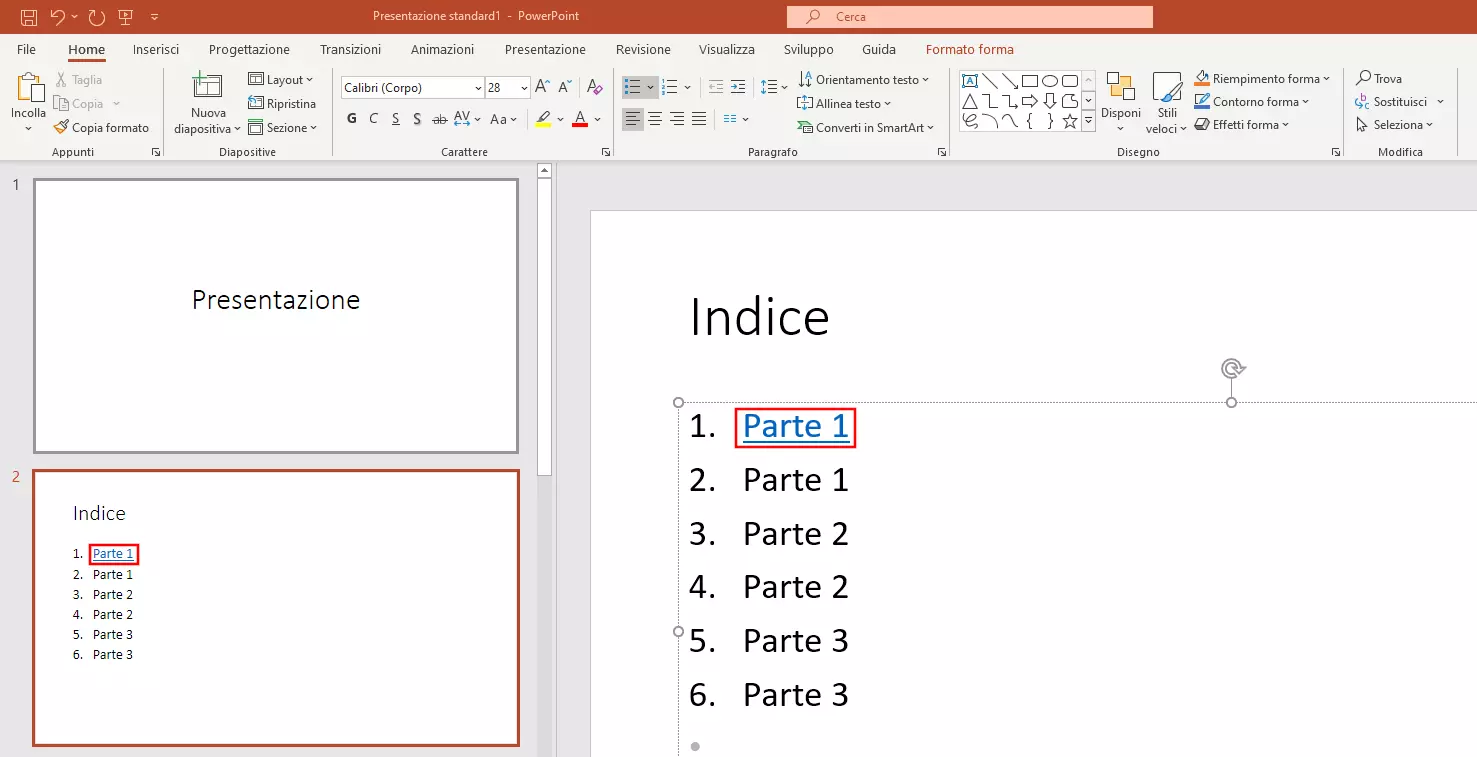 Collegare l’indice di PowerPoint: collegamento ipertestuale standard