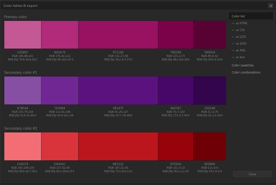 esportare palette di colori per Photoshop