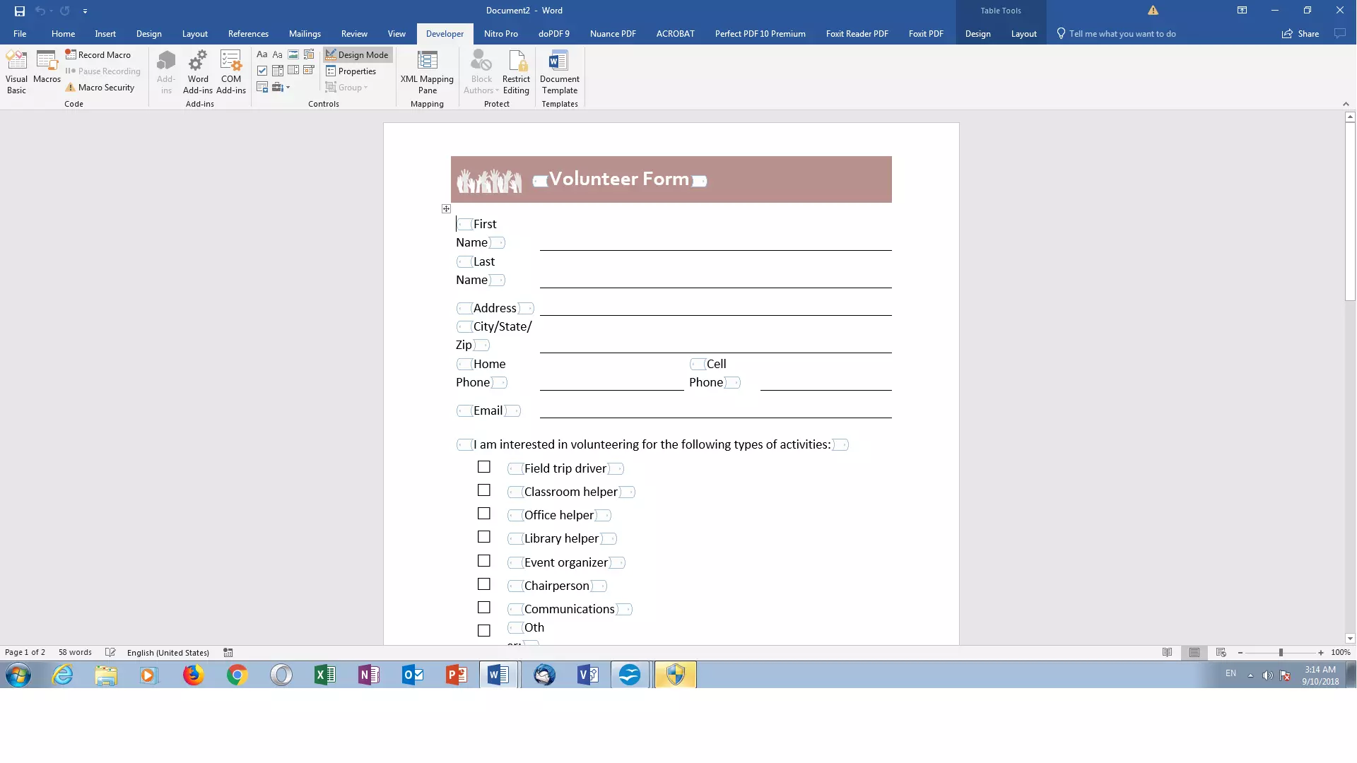 Esempio del modello di modulo “Fattura” in MS Word in modalità bozza