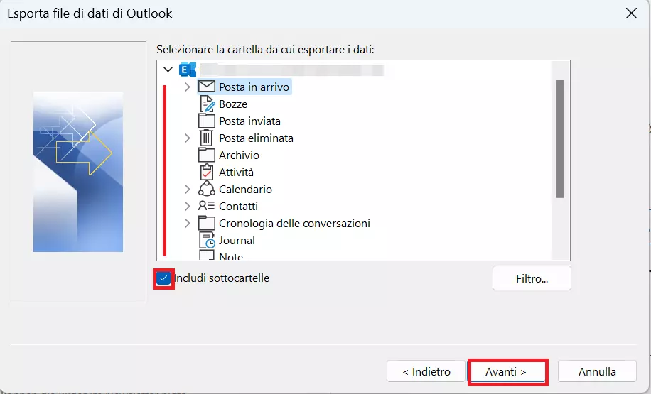 Esporta file di dati di Outlook: selezionare il tipo di cartella per l’esportazione