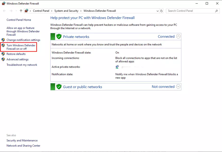 Link per disattivare il firewall di Windows 10