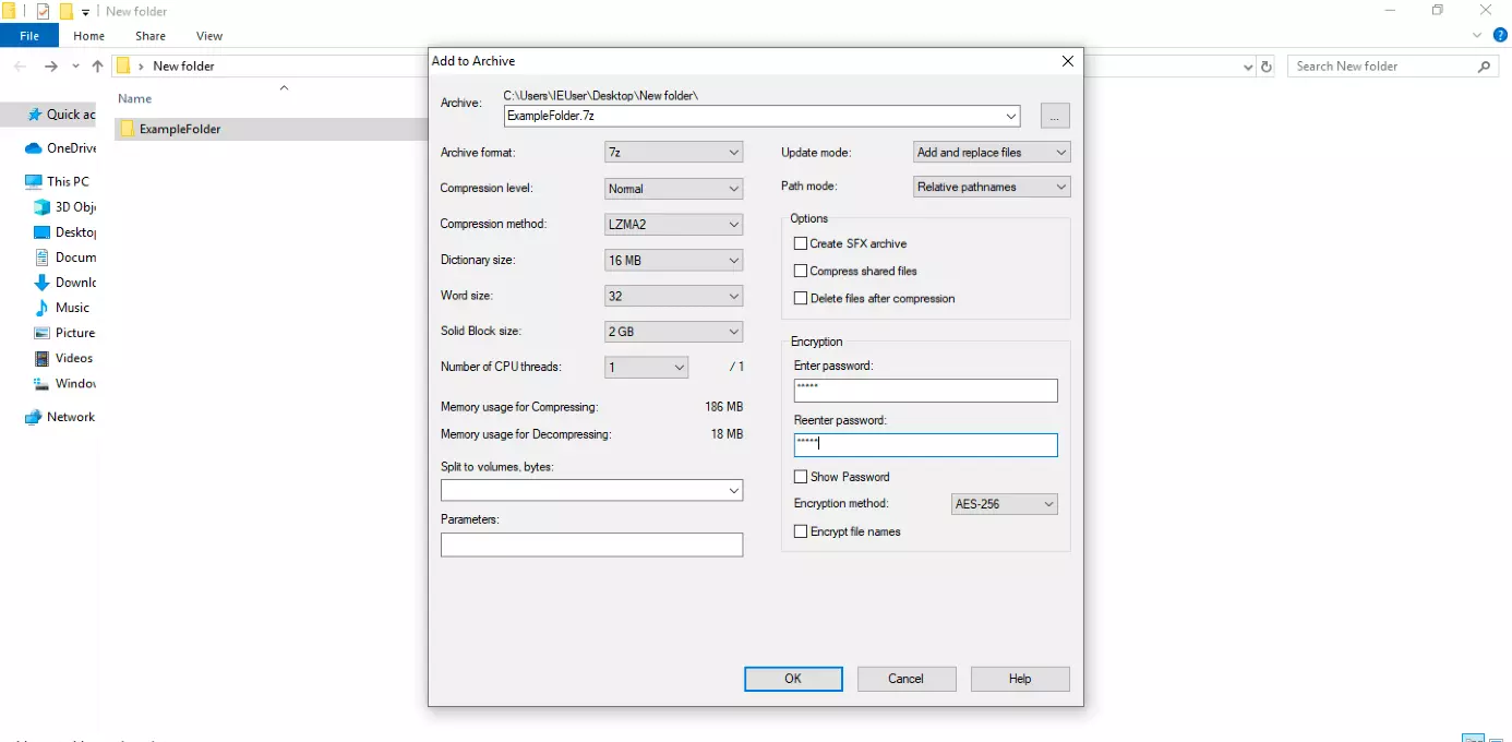 Finestra di configurazione per la crittografia dei file di archivio