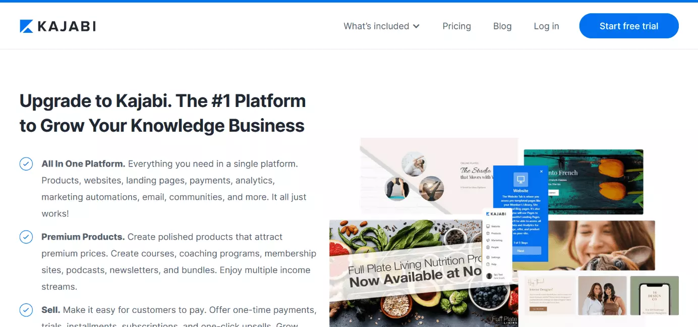 Screenshot del sito web della piattaforma Kajabi
