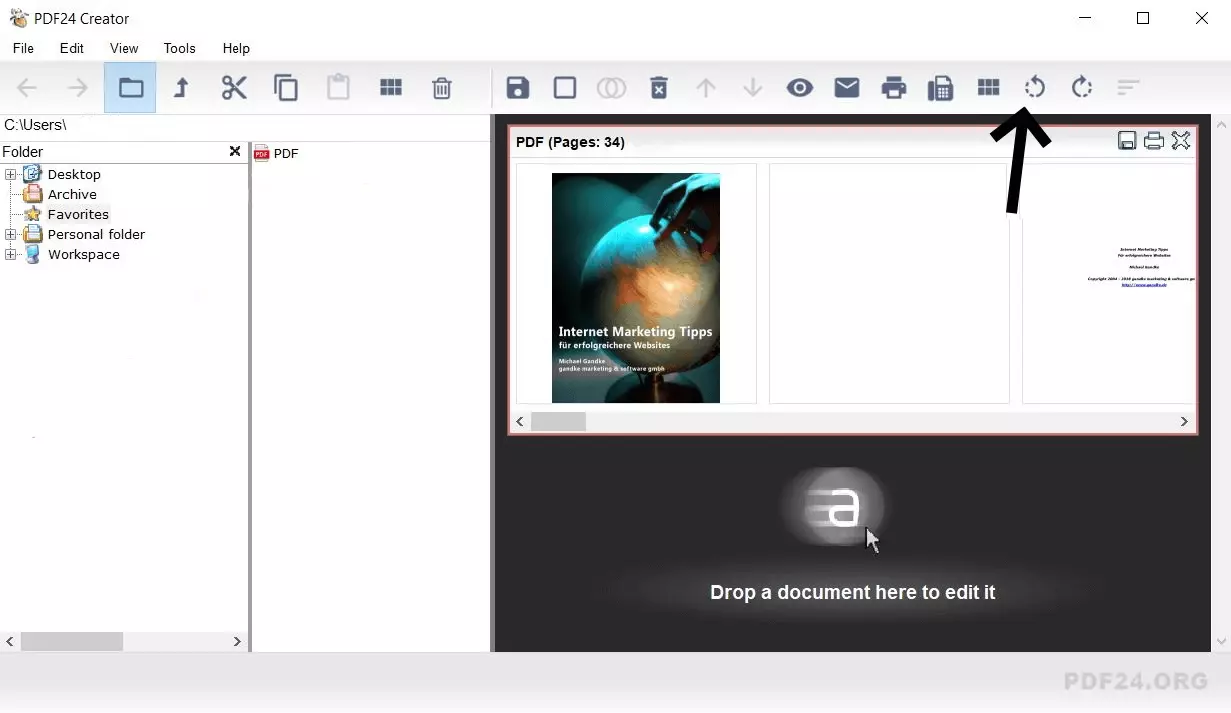 Il simbolo per la rotazione della pagina con PDF24 evidenziato