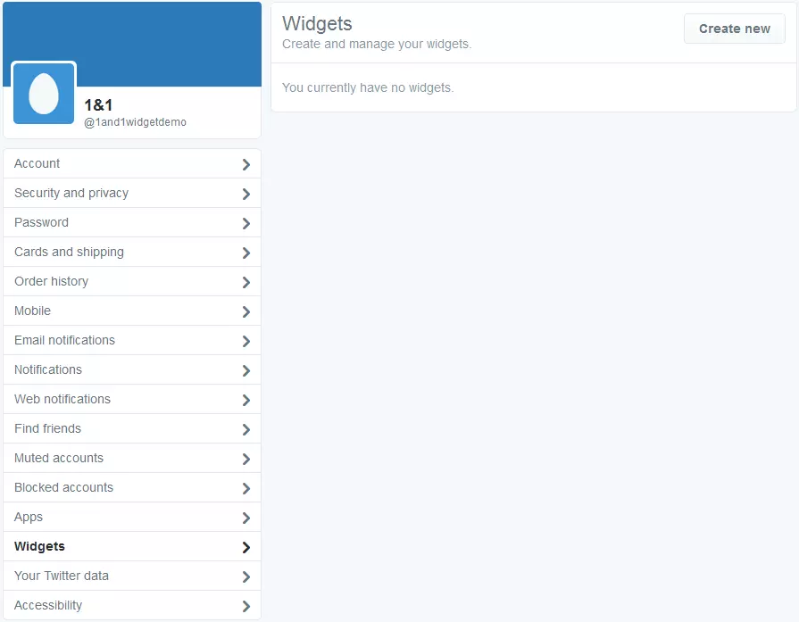 Il menu del tool per la realizzazione di widget di Twitter in inglese