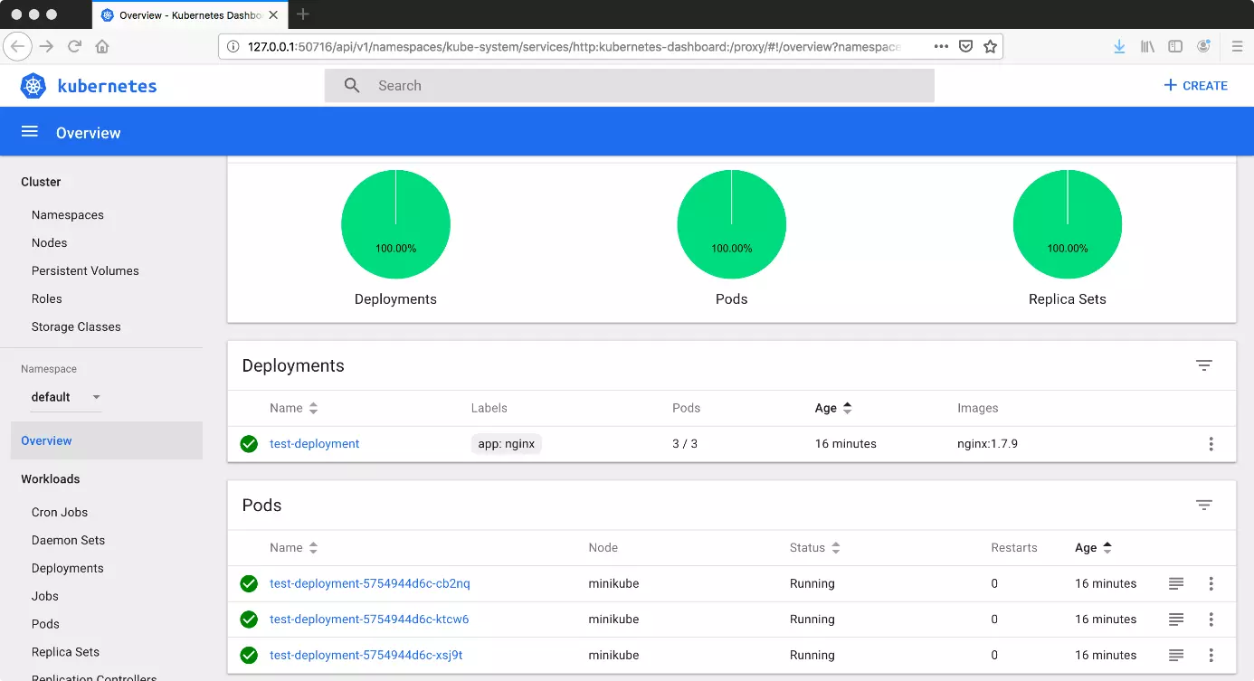 Dashboard di Kubernetes con un deployment e tre pod