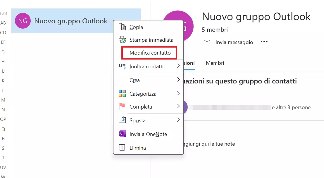 Modifica della lista di distribuzione creata su Outlook