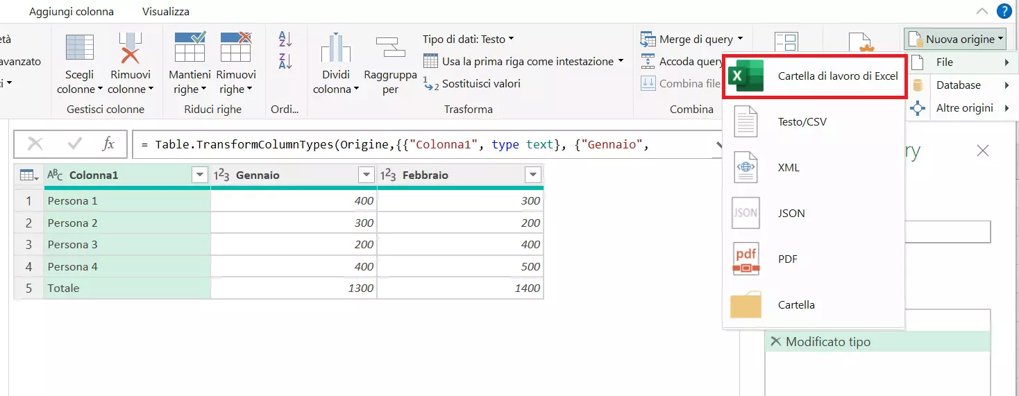 Importare una tabella di Excel tramite “Nuova origine”, “File” e “Cartella di lavoro Excel”