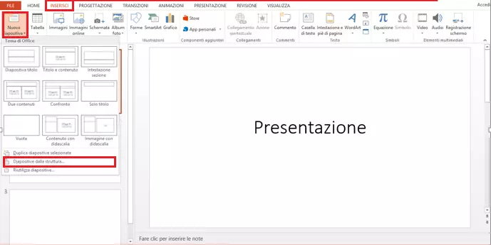 PowerPoint: menu a discesa “Nuova diapositiva”