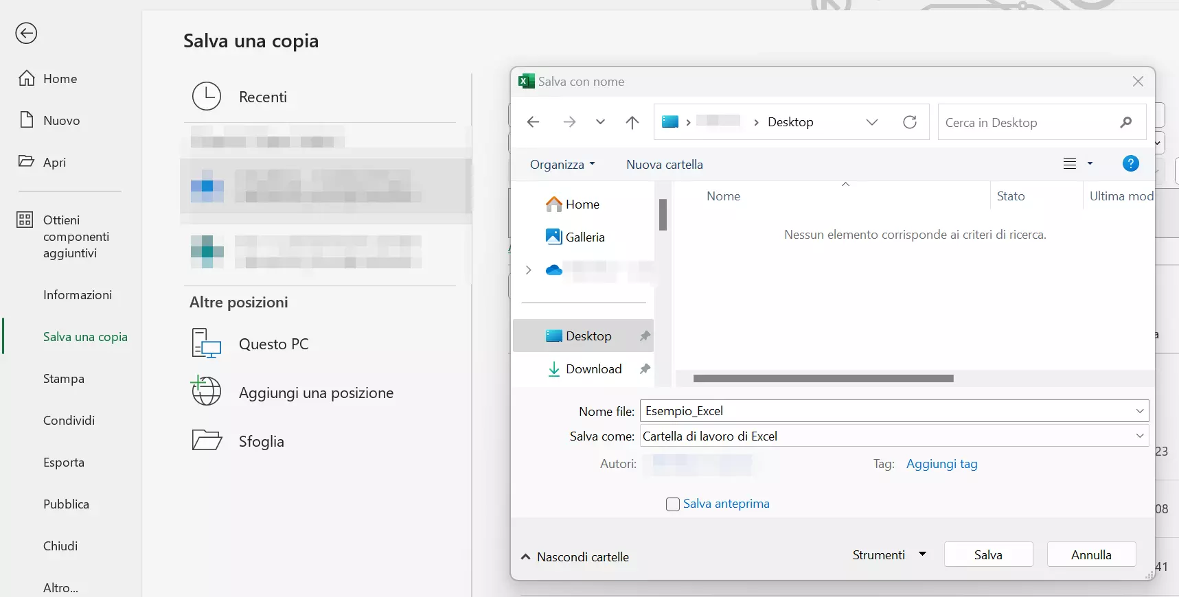 Finestra di Excel “Salva una copia”