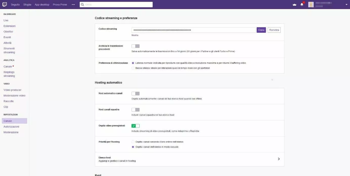 Dashboard di Twitch: Codice streaming