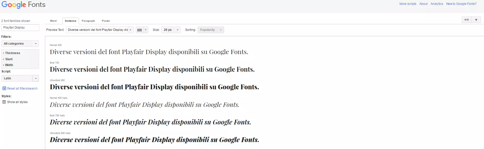 Diverse versioni del font Playfair Display disponibili su Google Fonts