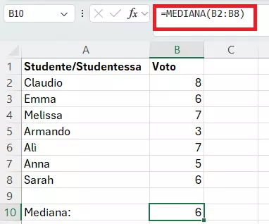 Excel: mediana di una tabella con voti