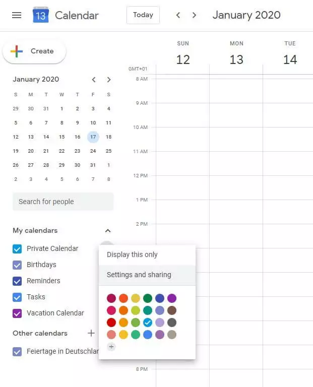 Selezionare “I miei calendari” per la condivisione