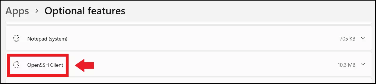 Il client OpenSSH nel menu App e Funzionalità di Windows 11