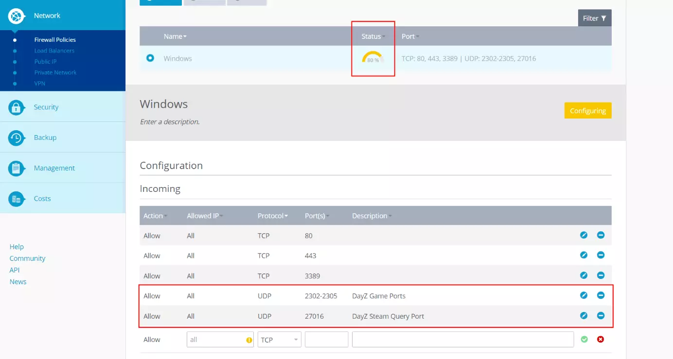 Porte abilitate nel Cloud Panel di IONOS