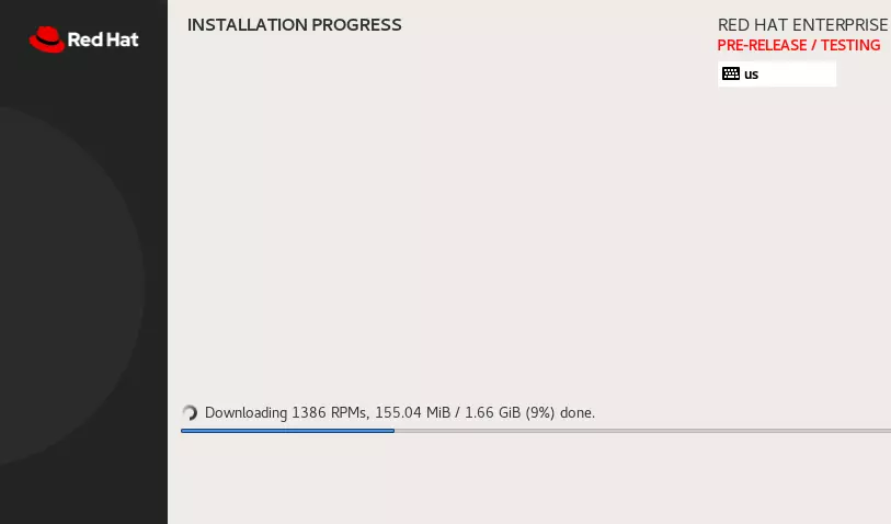 Schermata del menu di configurazione di RHEL 8 che mostra l’avanzamento dell’installazione