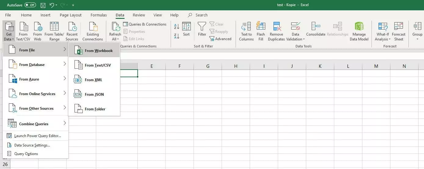 Menu per l’importazione di dati in Excel 2016