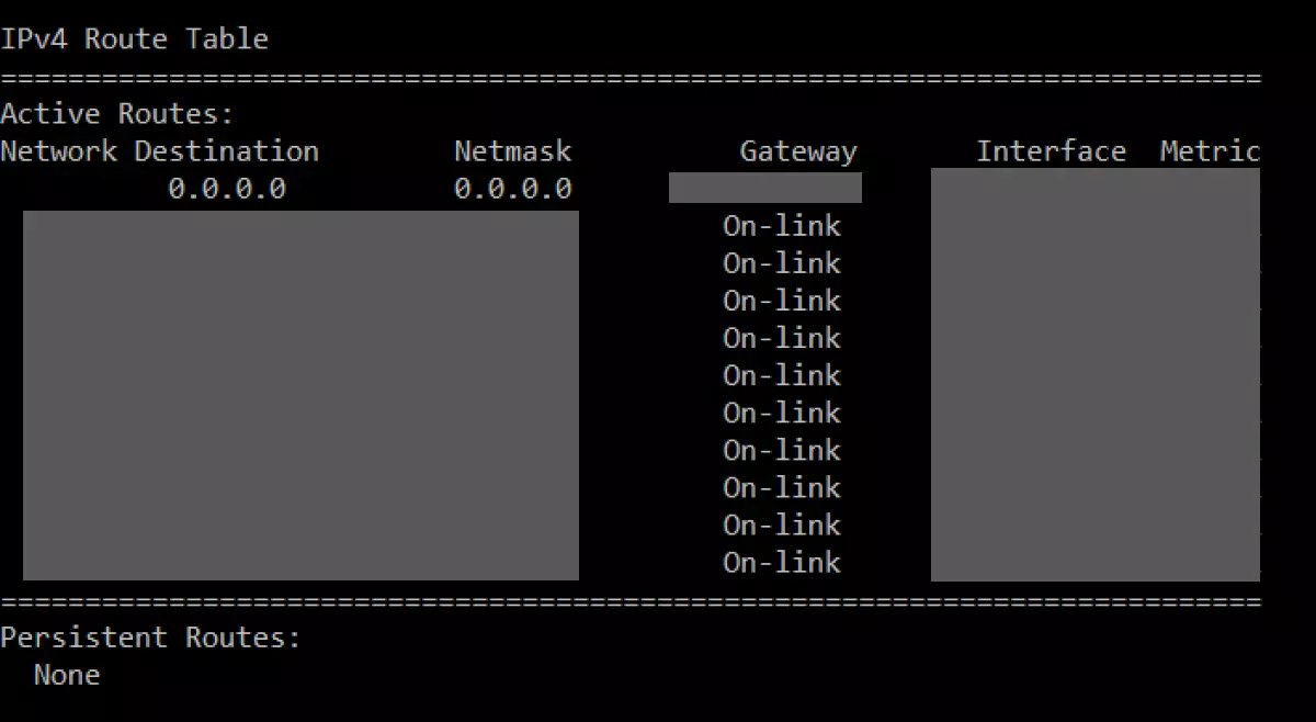 Una tabella di routing nel prompt dei comandi di Windows