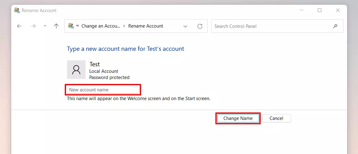 Cambiare il nome utente in Windows 11: account locale