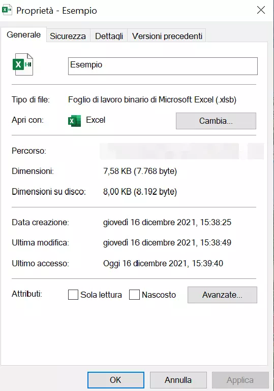 Spazio richiesto per un file in formato XLSB