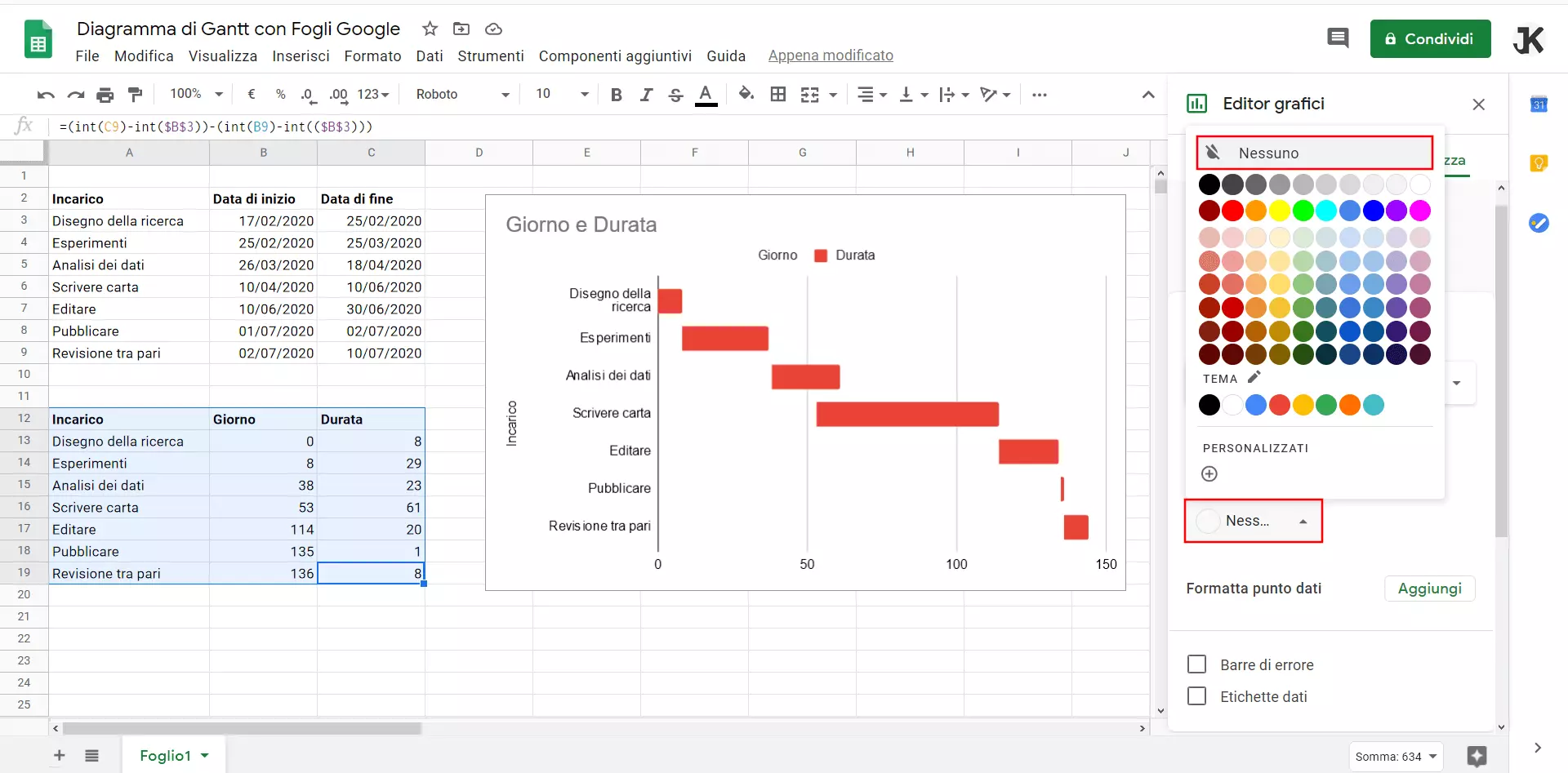 Diagramma di Gantt con Fogli Google