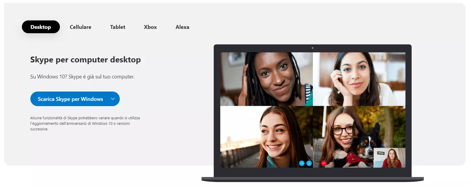 Screenshot della homepage del sito web Skype in lingua italiana