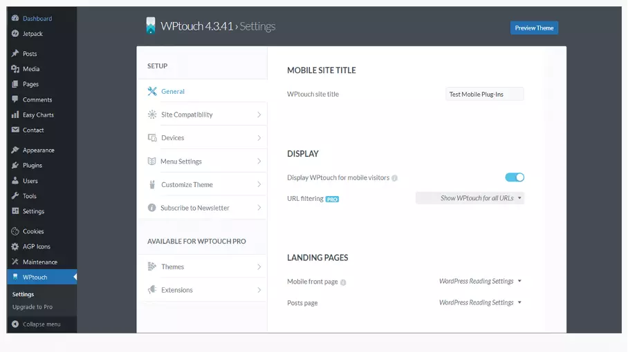 WordPress con installato il plugin per dispositivi mobili WPtouch