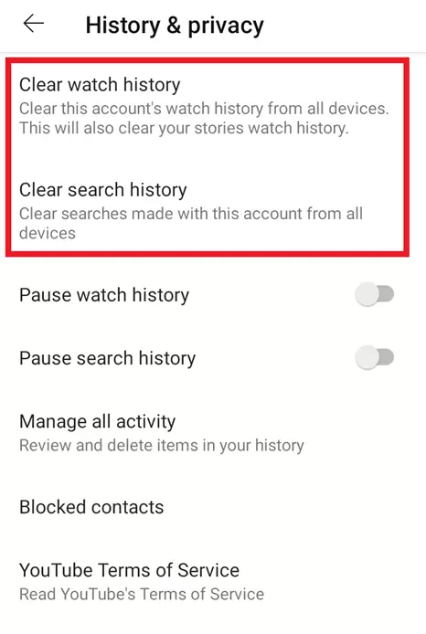 App di YouTube: menu “Cronologia e privacy”