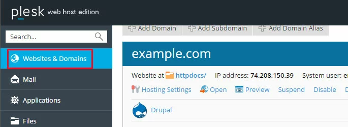 Interfaccia utente di Plesk in inglese “Siti Web e Domini”