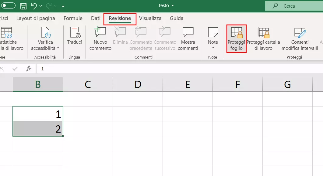 Schermata della sezione “Proteggi foglio” nel menu revisione