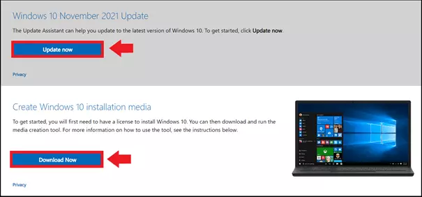 Pagina di Windows con opzioni come “Aggiorna ora” e il download di Media Creation Tool