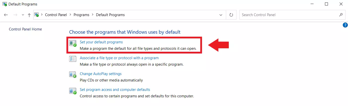 Pannello di controllo di Windows: selezionate “Imposta programmi predefiniti”