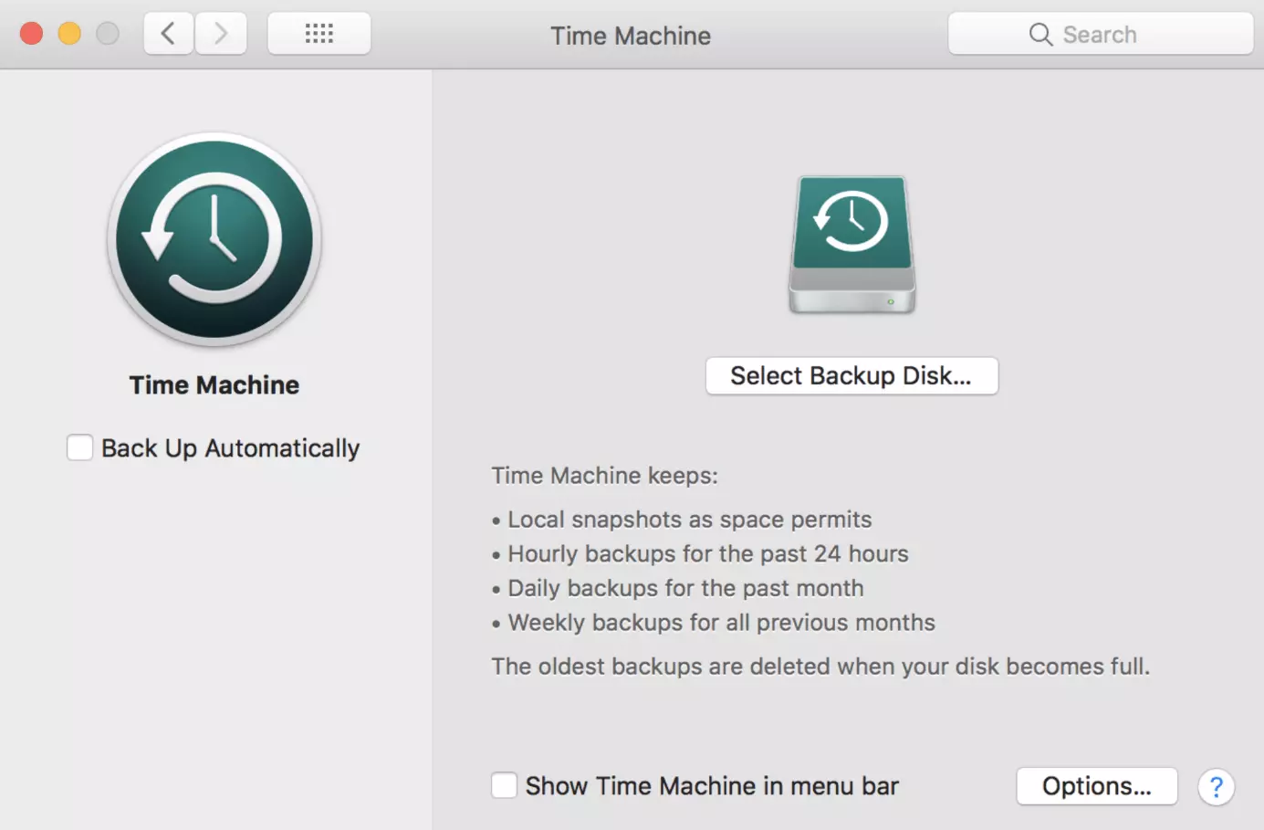 Time Machine: pulsante “Selezione disco di backup”