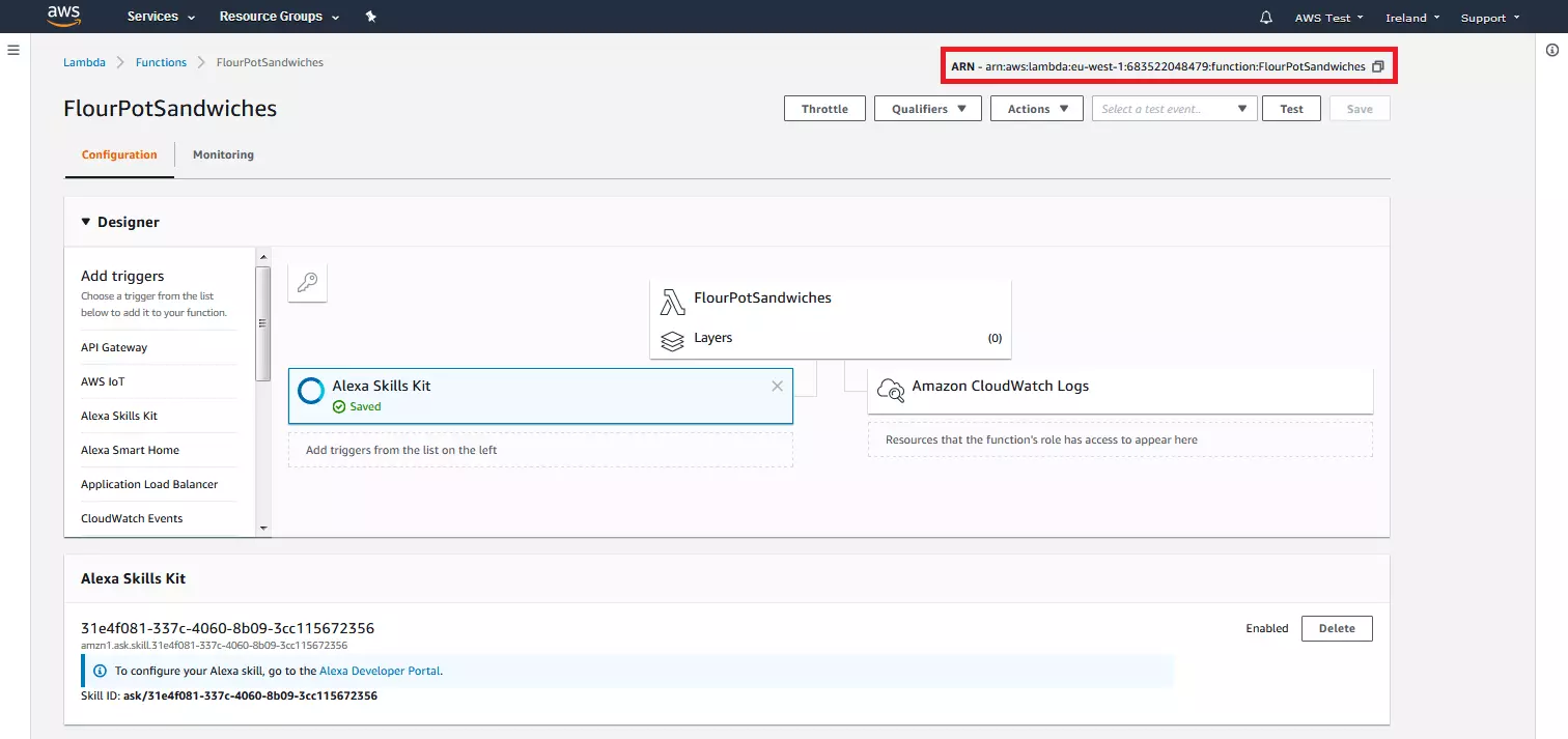 Console di AWS Management: ARN della funzione Lambda