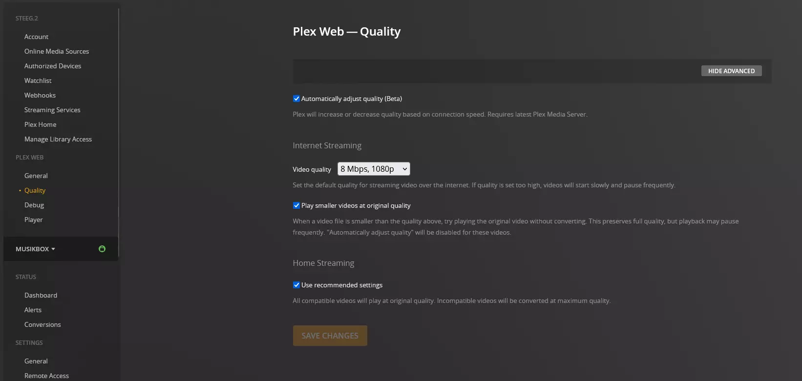Impostazioni della web app Plex per una migliore qualità di riproduzione