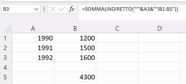 Combinazione delle funzioni SOMMA e INDIRETTO in una tabella Excel