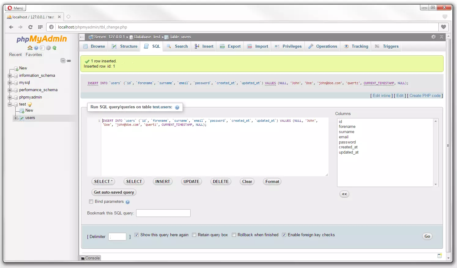 Codice del comando INSERT secondo la sintassi SQL