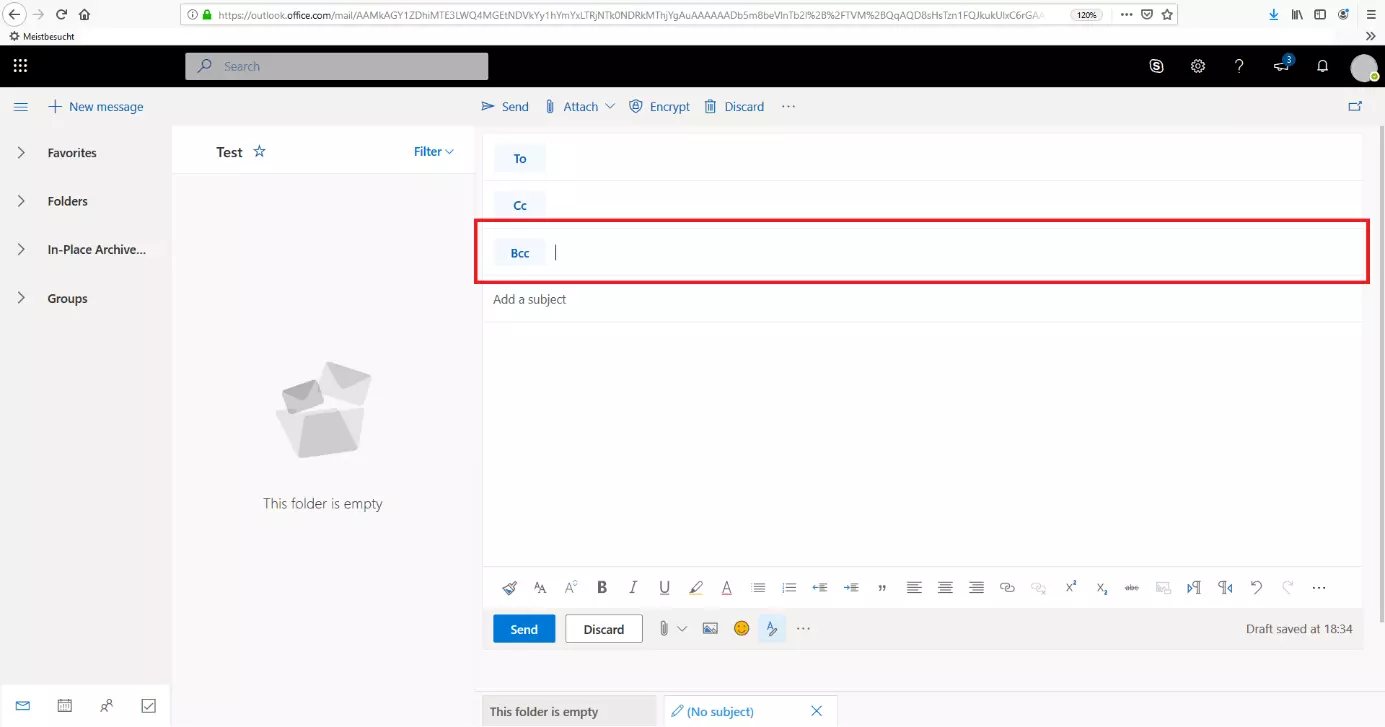 Outlook sul Web: interfaccia utente con attivato il campo Ccn