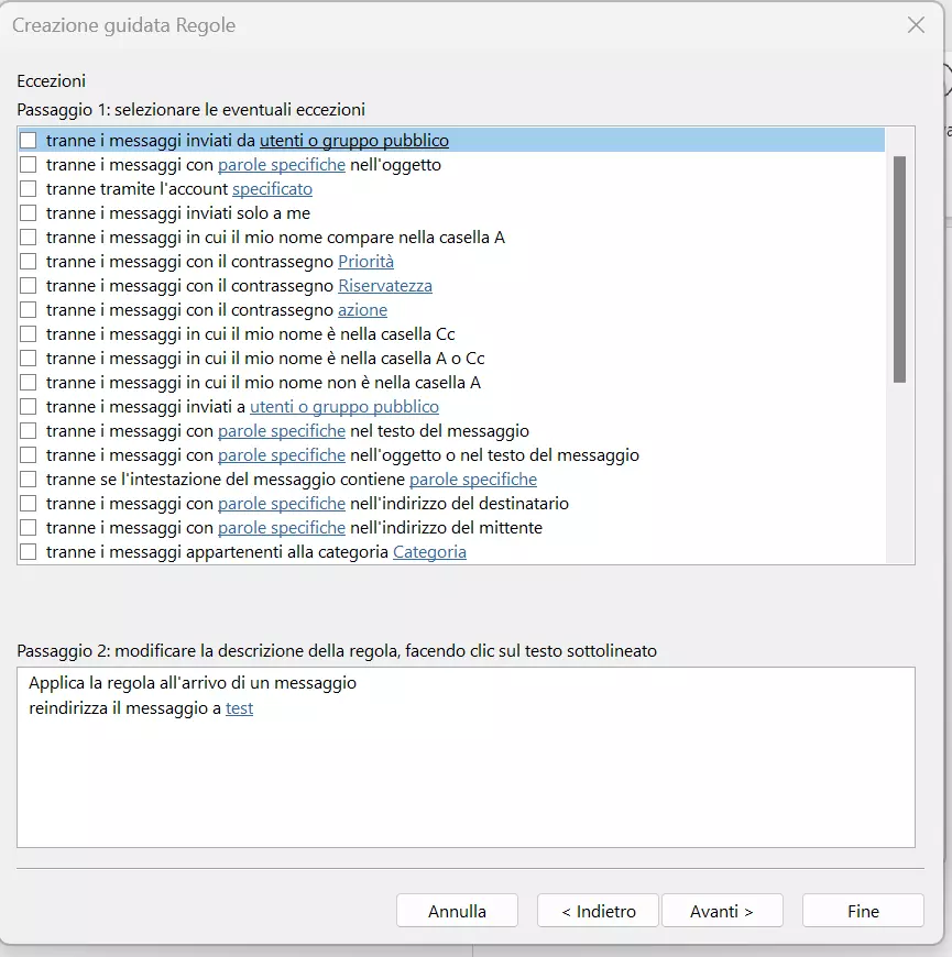 Outlook 365: eccezioni nella creazione guidata Regole