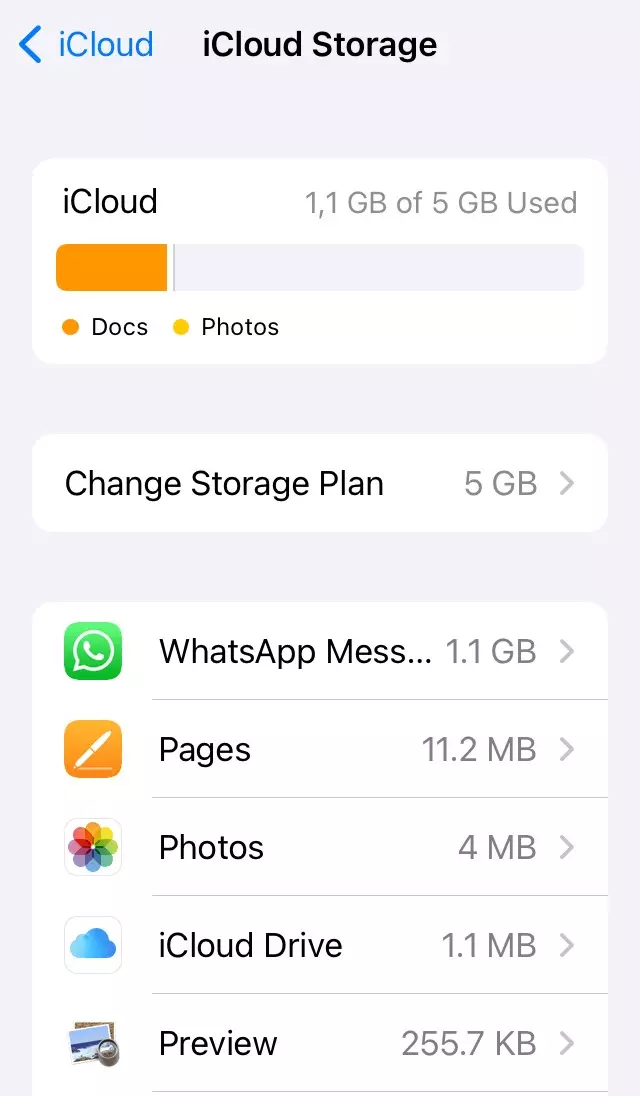 Screenshot dello spazio di archiviazione “iCloud” su iPhone