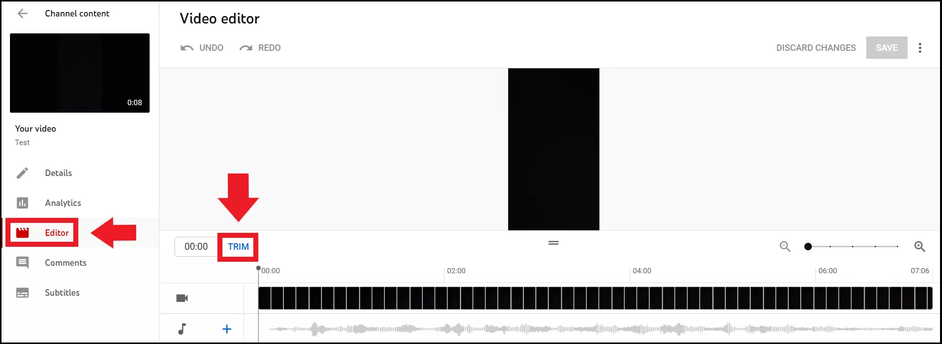 L’opzione “Taglia” nell’editor di YouTube