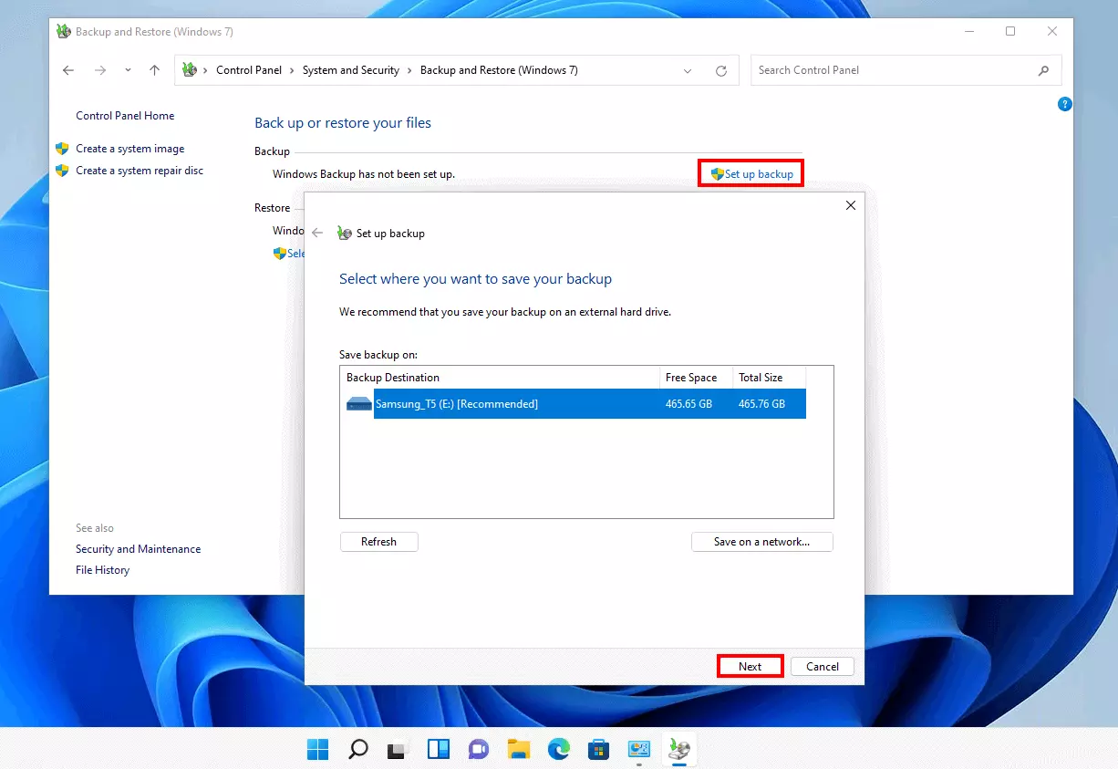 Windows 11: “Configura backup”