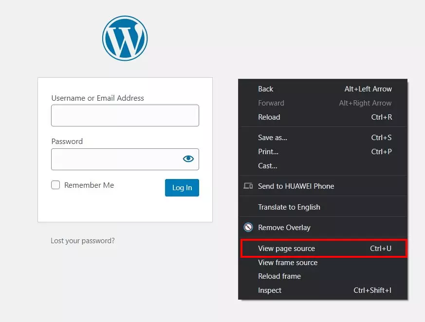 Login di Wordpress: visualizza sorgente pagina