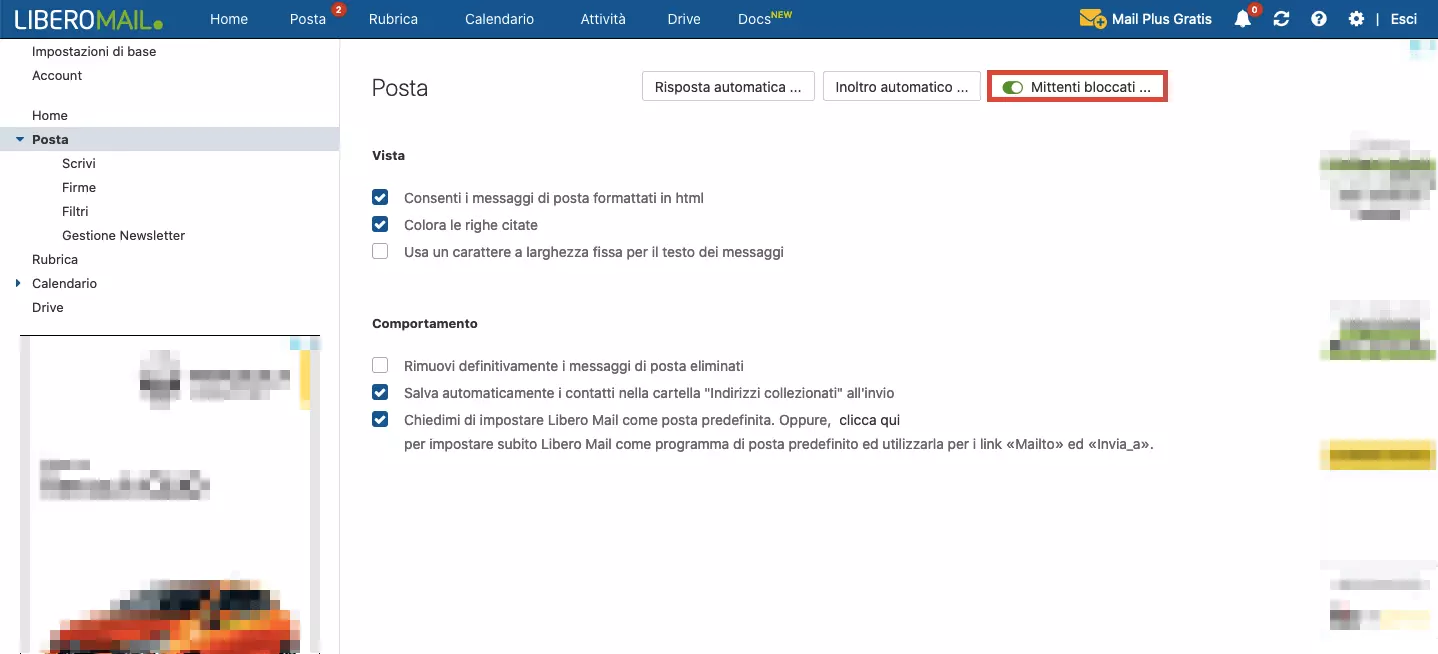 Libero Mail: pulsante “Mittenti bloccati…” nella sezione “Posta”