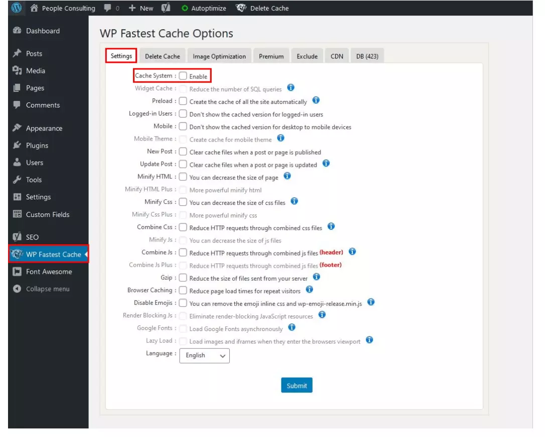 WP Fastest Cache Options: opzione per disattivare il sistema di caching