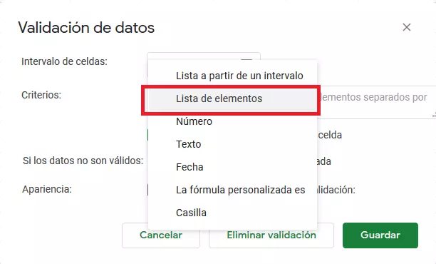 Google Sheets: menu “Convalida dei dati”